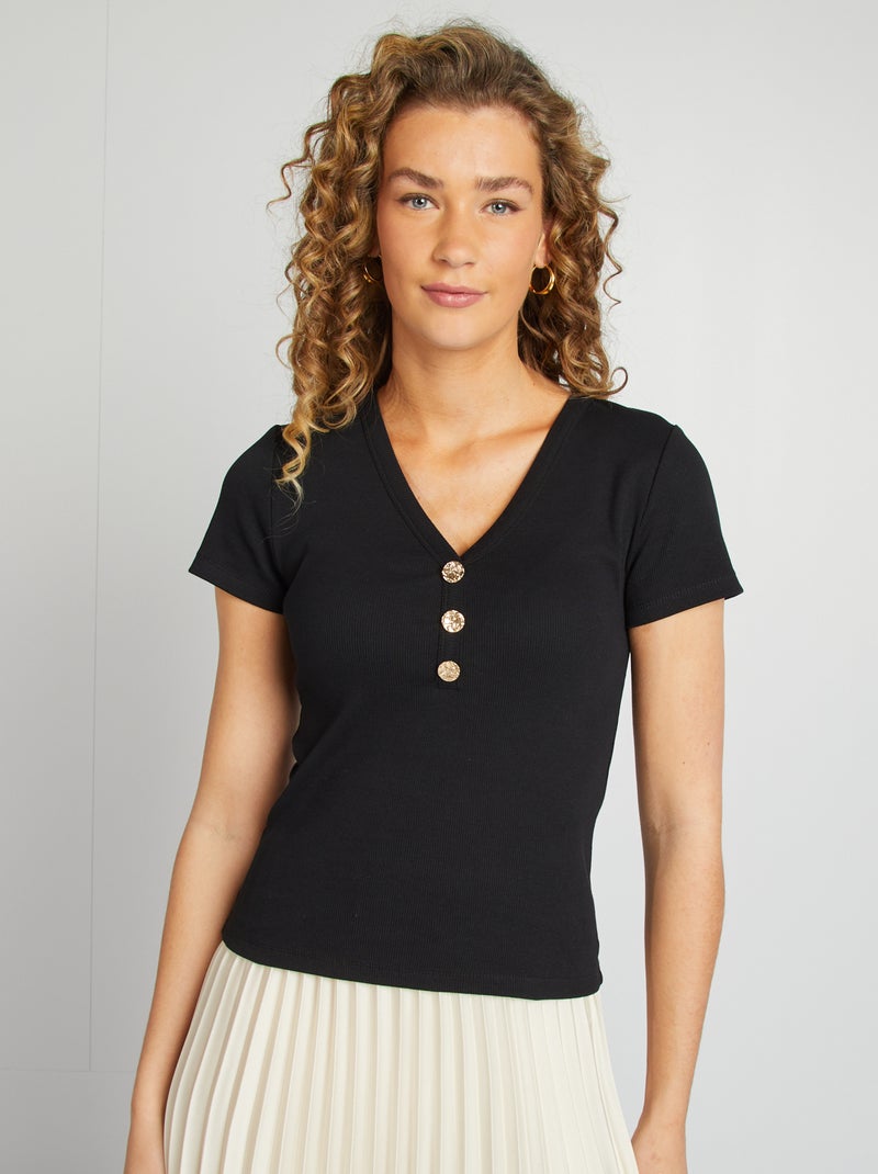 T-shirt côtelé avec boutons fantaisies Noir - Kiabi