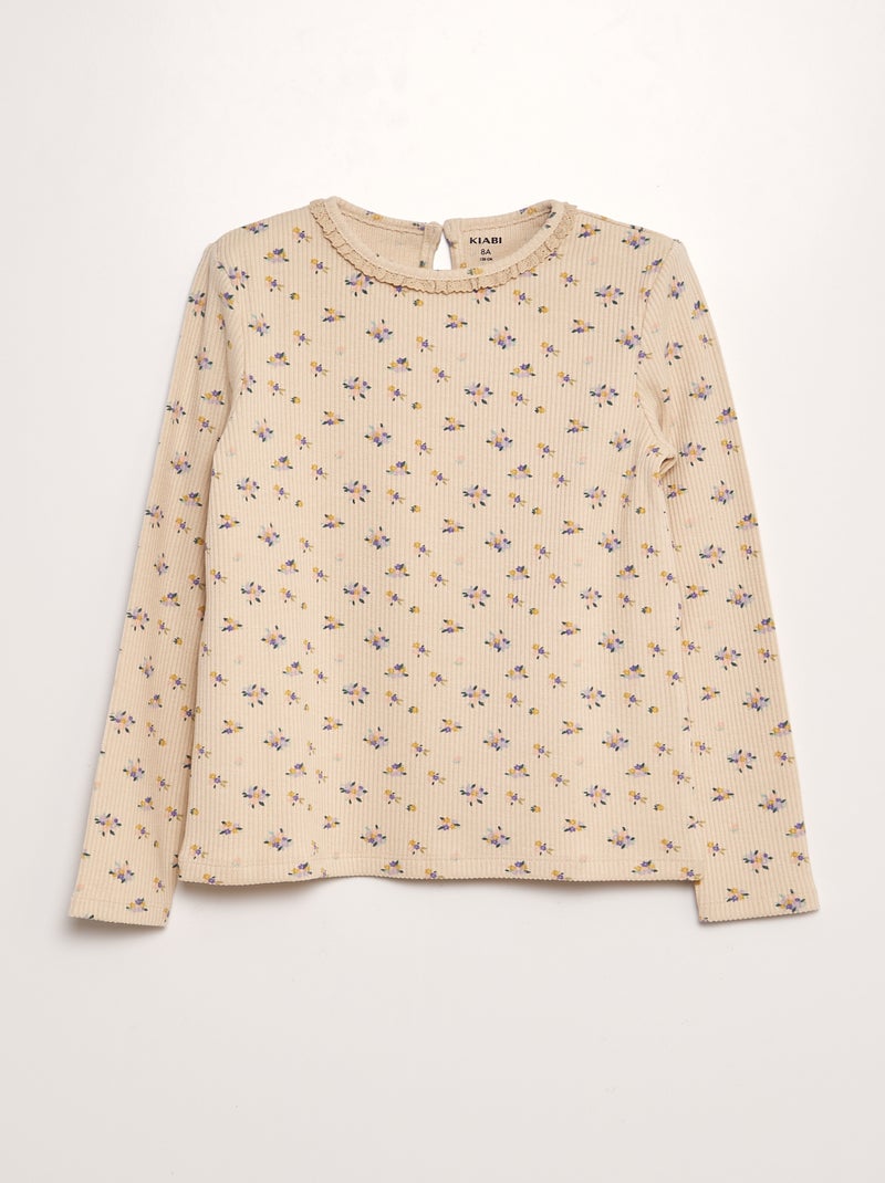 T-shirt côtelé avec col brodé Beige - Kiabi