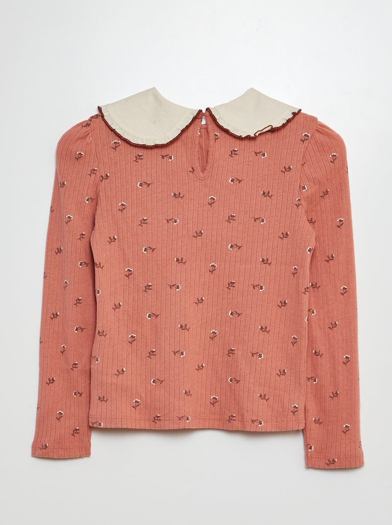 T-shirt côtelé avec col claudine Rose - Kiabi