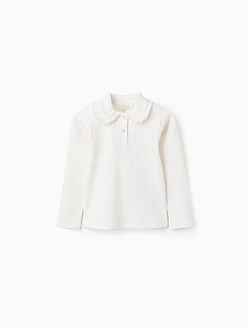 T-Shirt Côtelé avec Col Peter Pan et Boutons