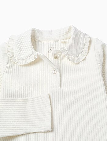 T-Shirt Côtelé avec Col Peter Pan et Boutons