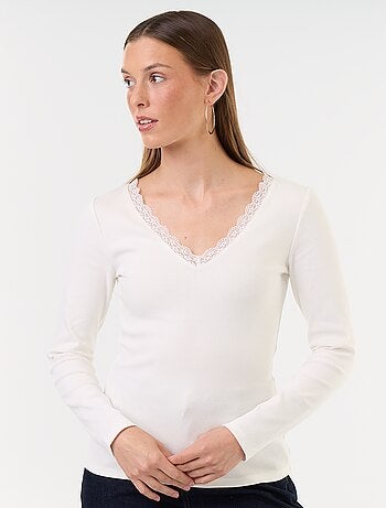 T-shirt côtelé avec dentelle au col