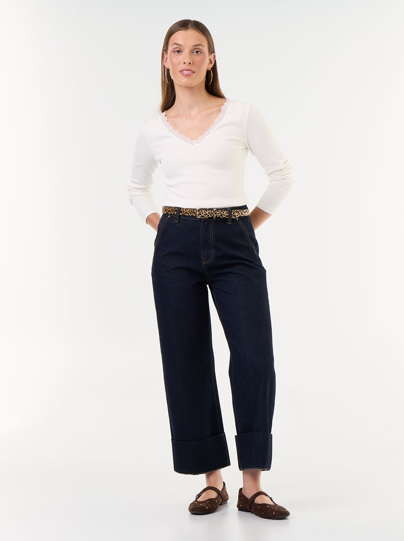 T-shirt côtelé avec dentelle au col Blanc - Kiabi