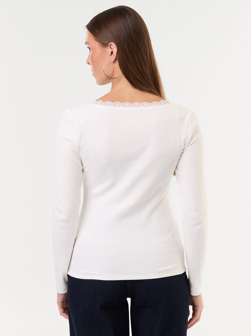 T-shirt côtelé avec dentelle au col Blanc - Kiabi