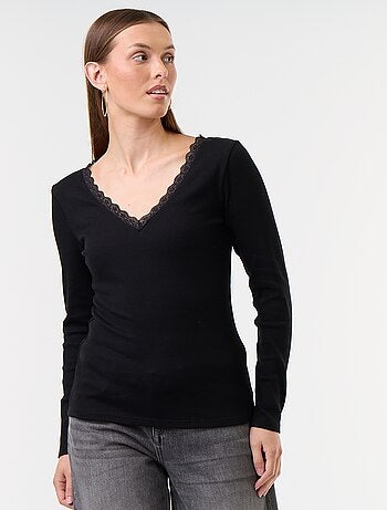 T-shirt côtelé avec dentelle au col