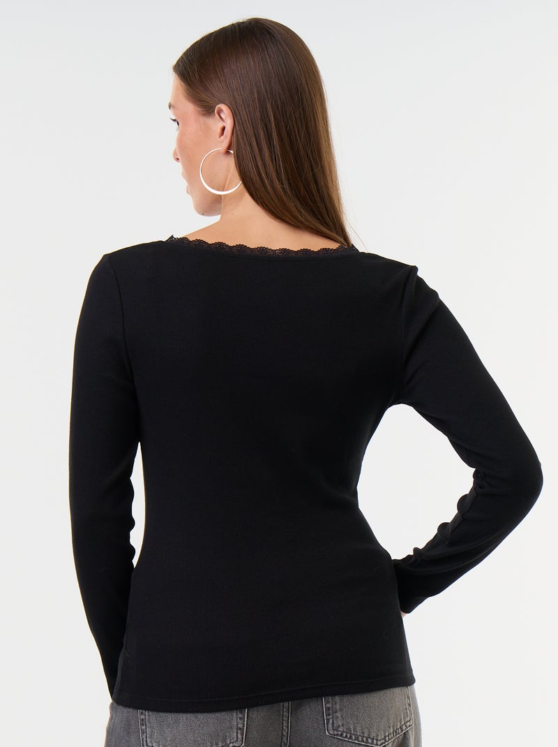 T-shirt côtelé avec dentelle au col Noir - Kiabi