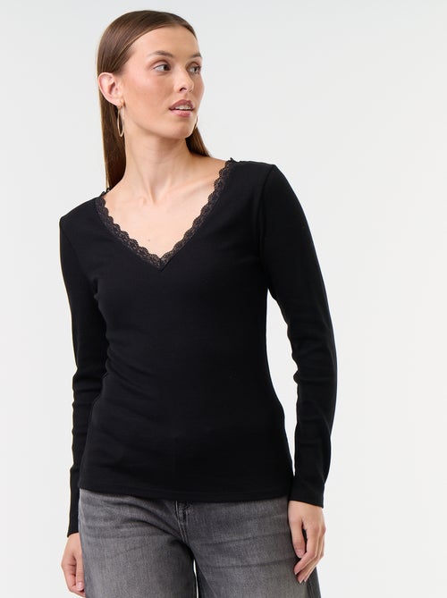 T-shirt côtelé avec dentelle au col - Kiabi
