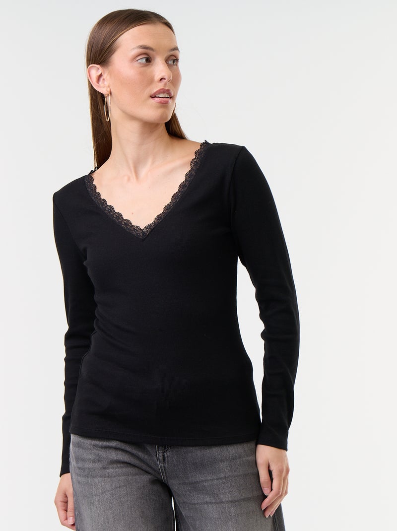 T-shirt côtelé avec dentelle au col Noir - Kiabi