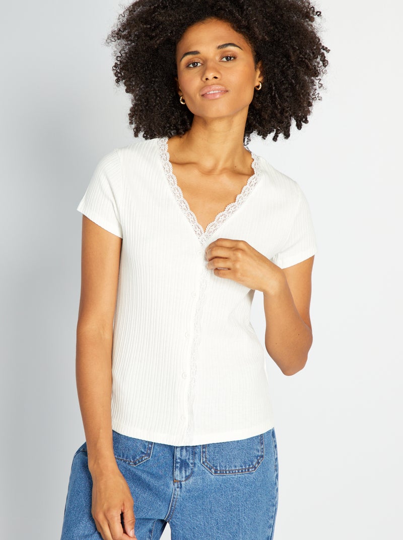 T-shirt côtelé avec dentelle Blanc - Kiabi