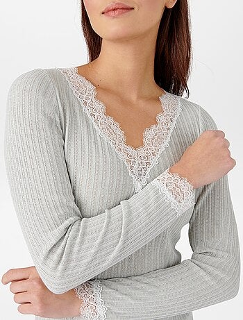 T-shirt côtelé avec dentelle thermolactyl 'Damart'