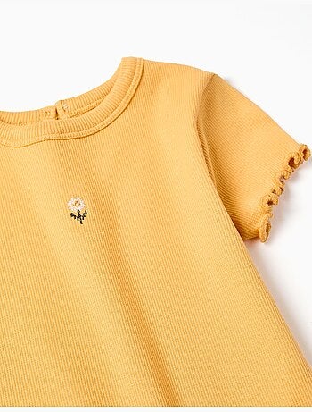 T-shirt côtelé avec fleur brodée