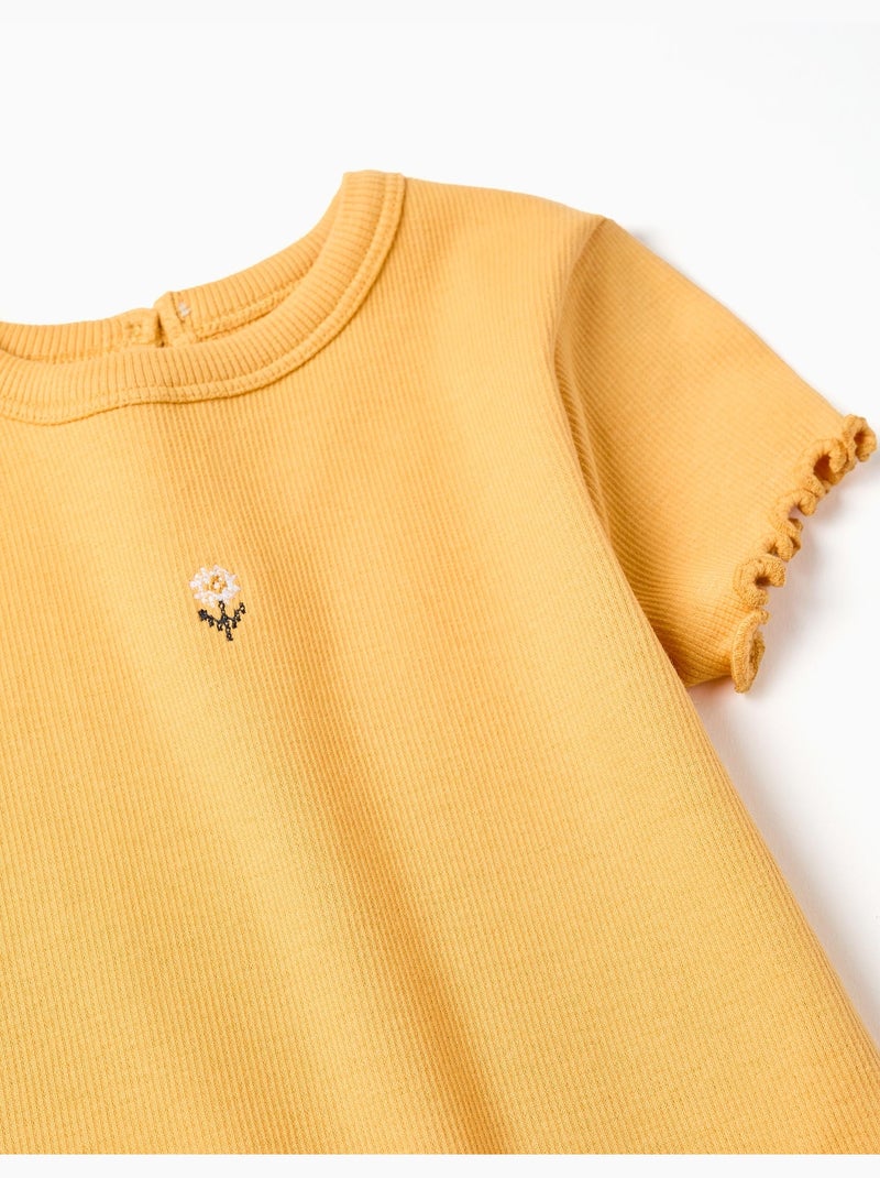 T-shirt côtelé avec fleur brodée Jaune foncé - Kiabi