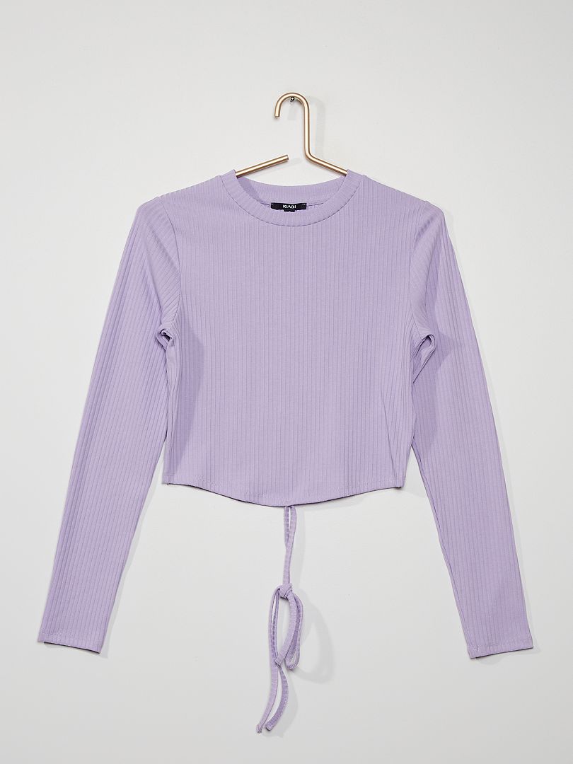 T-shirt côtelé avec lien à la taille violet - Kiabi