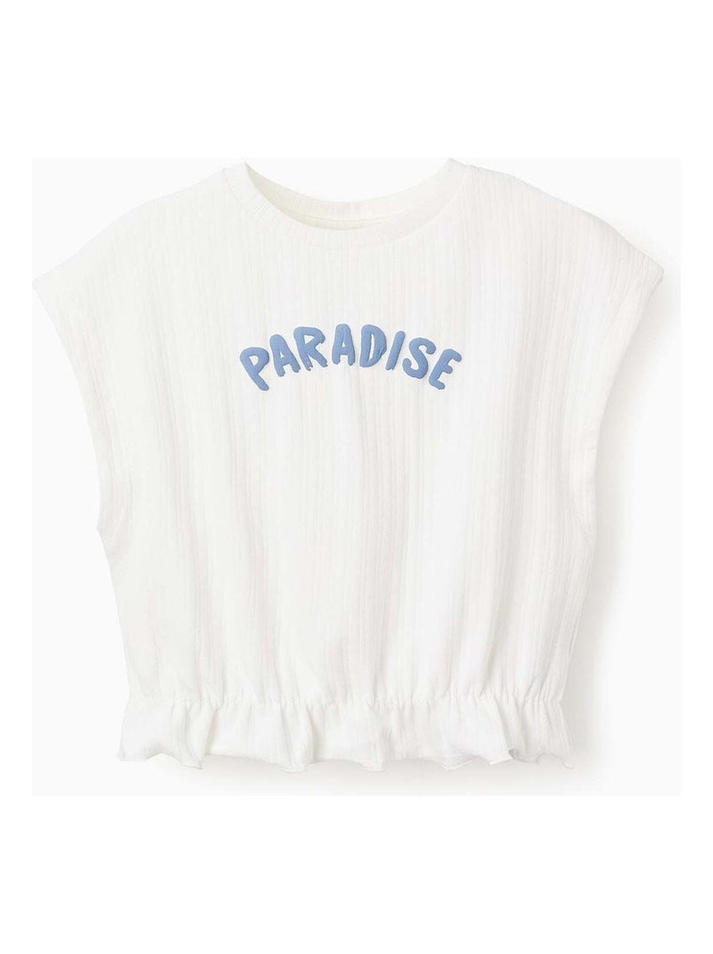 T-shirt Côtelé avec Volants Blanc - Kiabi