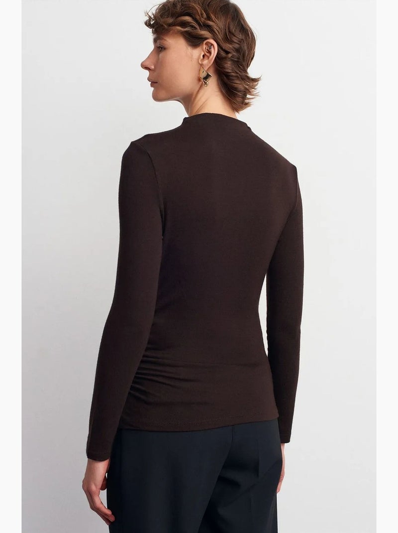 T-shirt côtelé col montant manches longues dilvin Marron chocolat - Kiabi