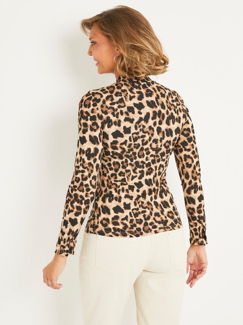 T-shirt côtelé col montant motif léopard Marron - Kiabi