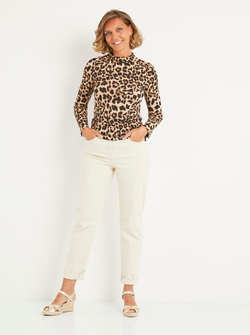 T-shirt côtelé col montant motif léopard Marron - Kiabi