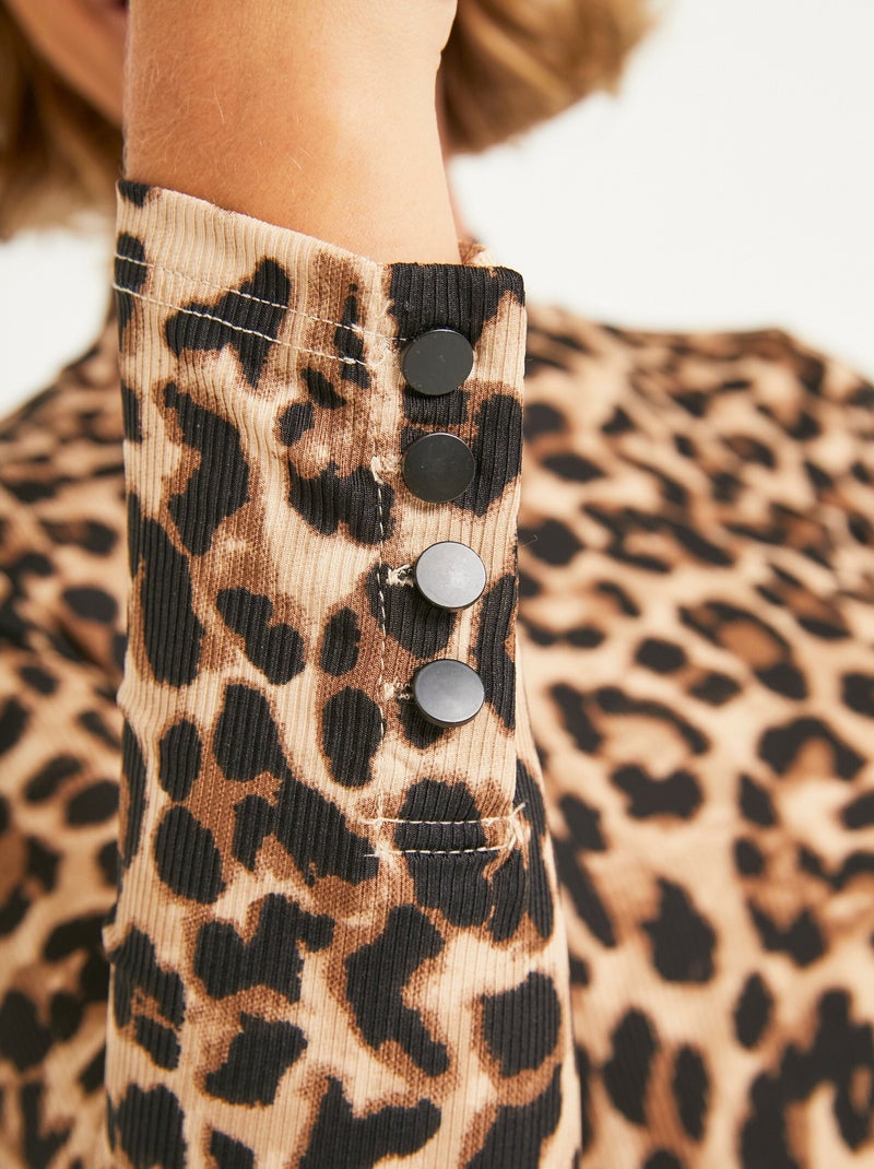 T-shirt côtelé col montant motif léopard Marron - Kiabi