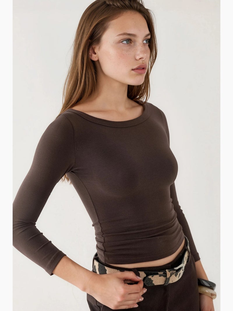 T-shirt côtelé col rond manches longues busem Marron foncé - Kiabi