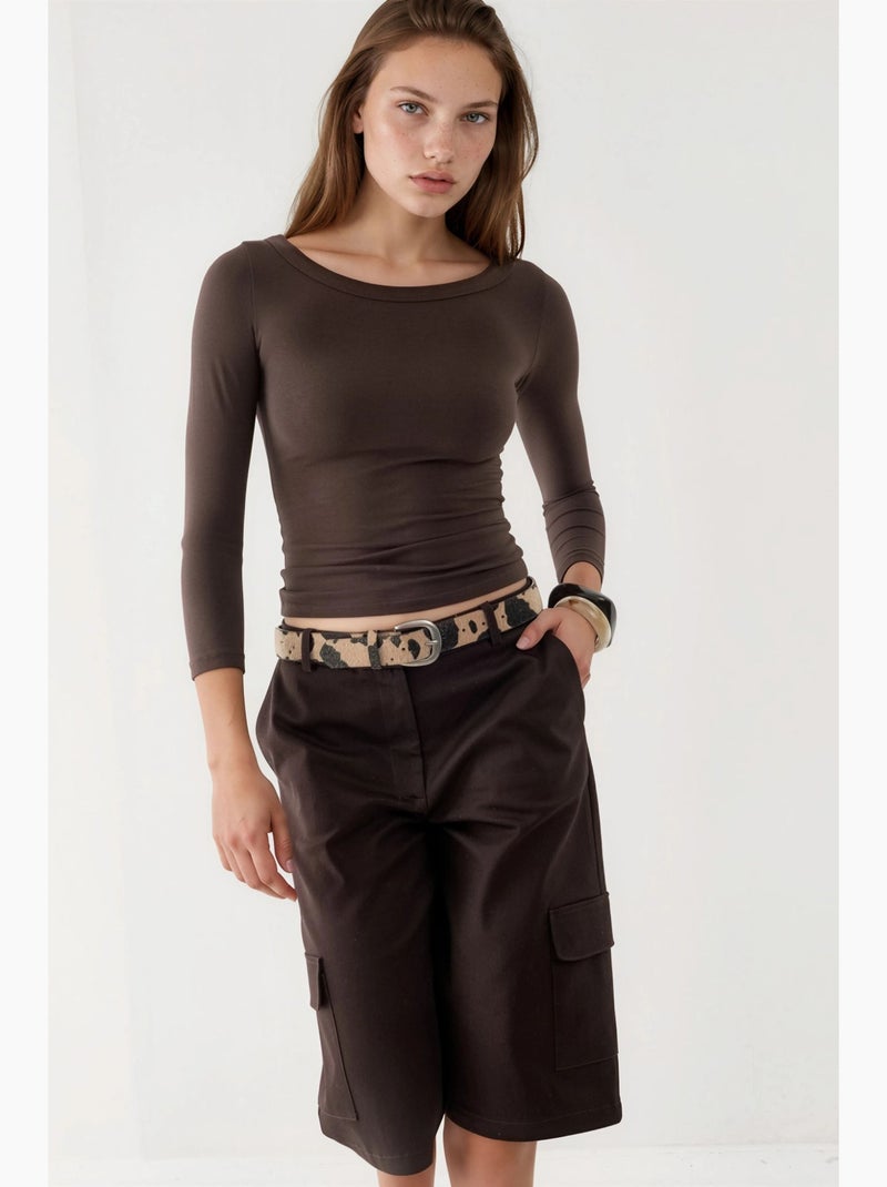 T-shirt côtelé col rond manches longues busem Marron foncé - Kiabi