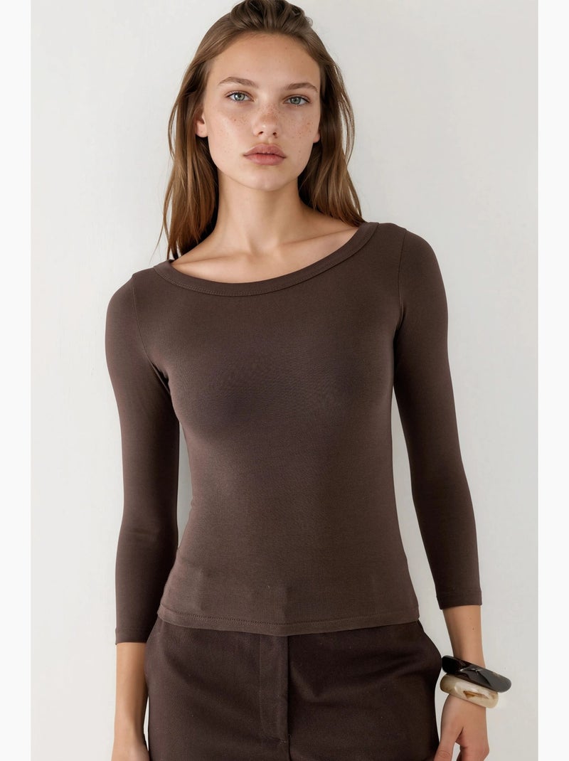 T-shirt côtelé col rond manches longues busem Marron foncé - Kiabi