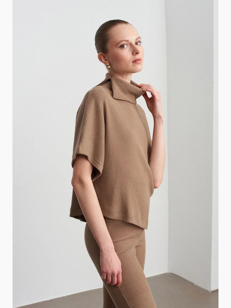 T-shirt côtelé col roulé manches courtes dilvin Camel - Kiabi