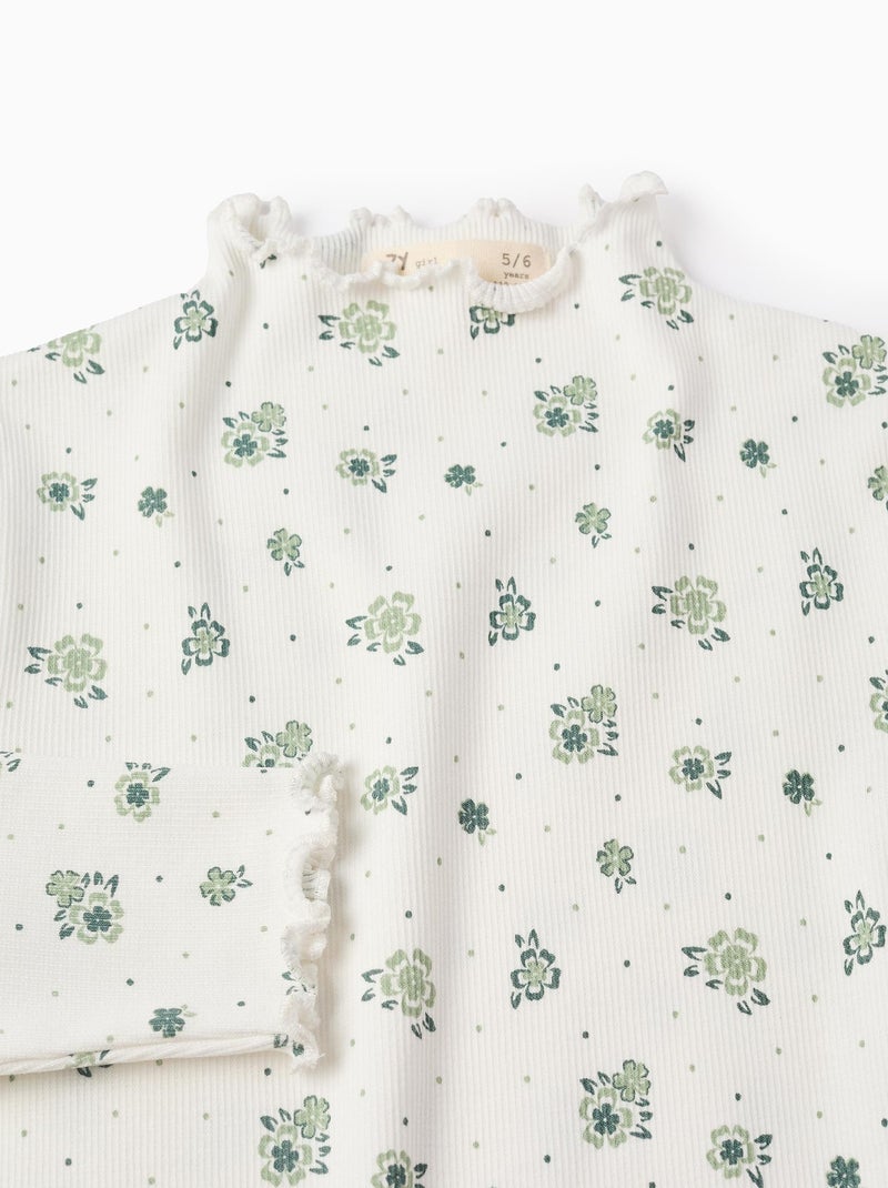 T-shirt côtelé, fleuri, à volants NOVEAUX NATURE Blanc - Kiabi