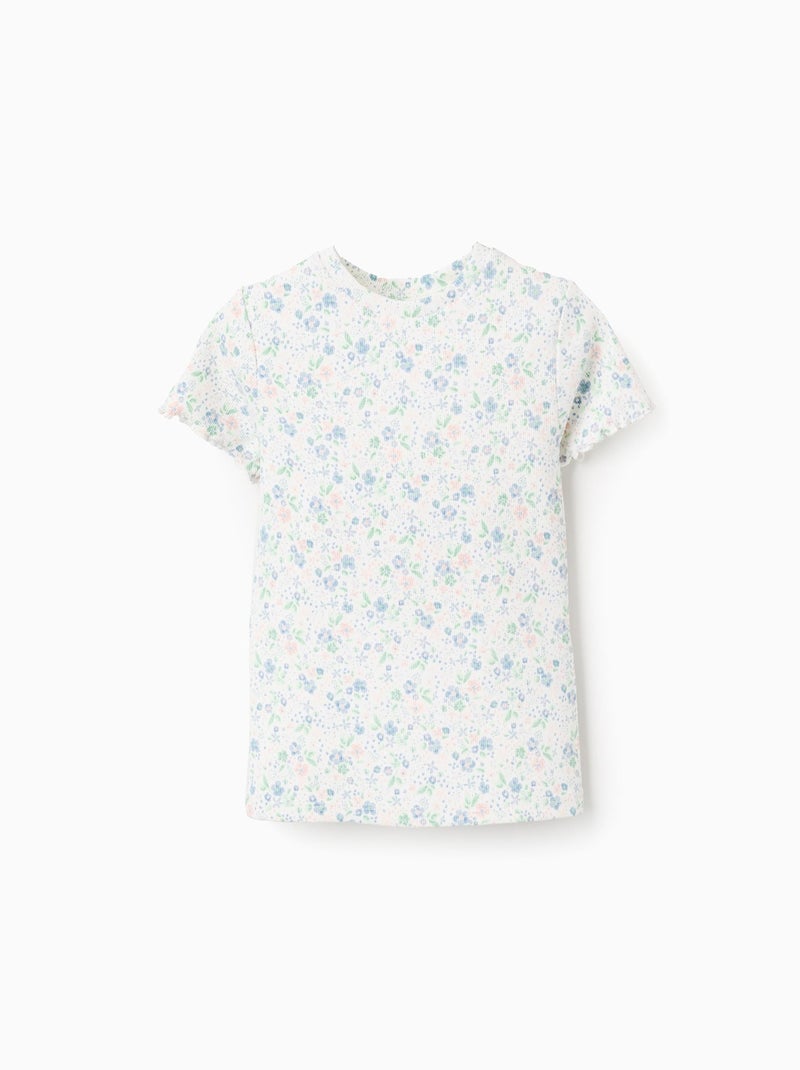 T-shirt Côtelé Floral Blanc Rose Bleu - Kiabi