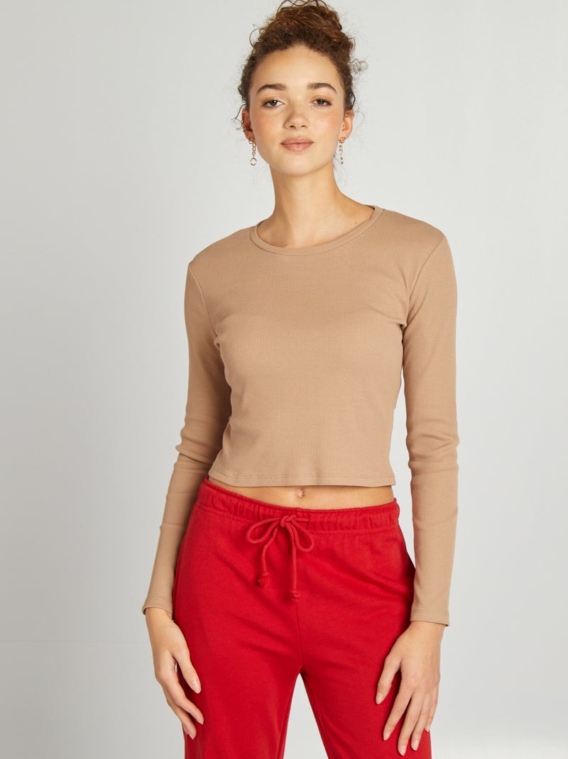 T-shirt côtelé manches longues Beige - Kiabi