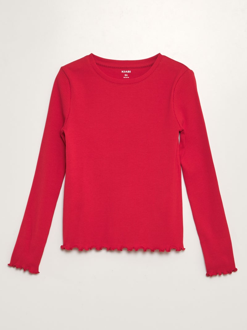 T-shirt côtelé manches longues Rouge - Kiabi