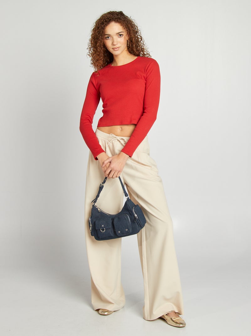 T-shirt côtelé manches longues Rouge - Kiabi