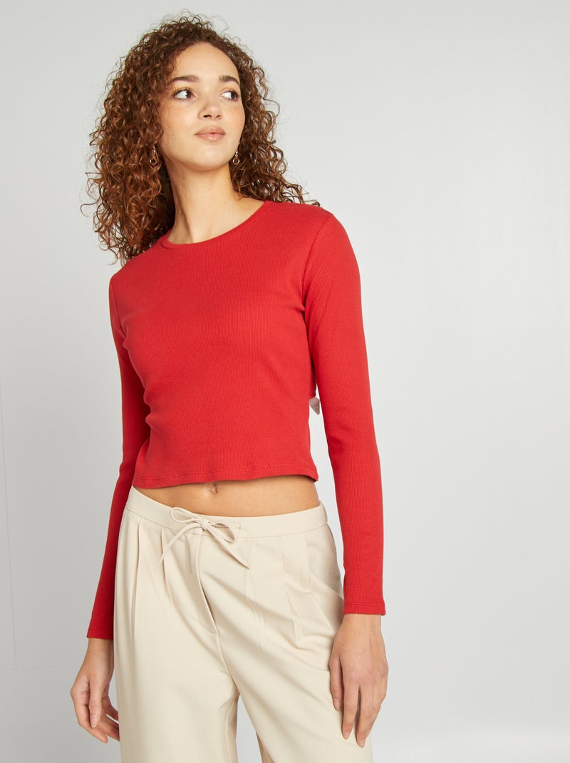 T-shirt côtelé manches longues Rouge - Kiabi