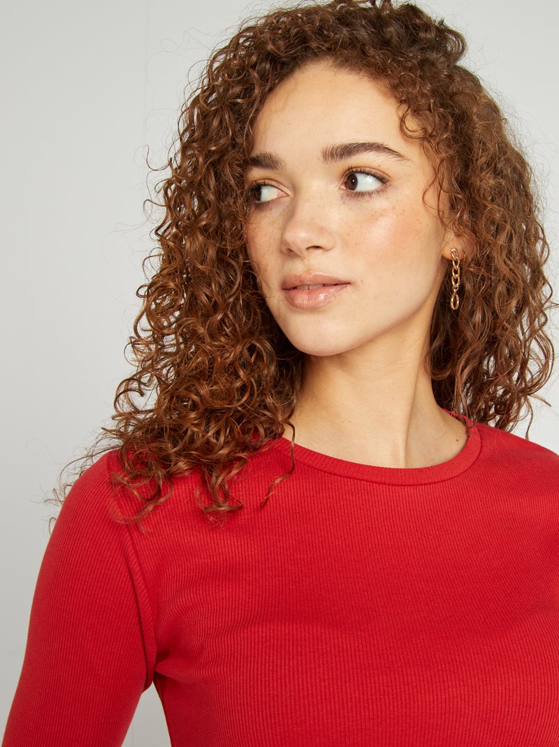 T-shirt côtelé manches longues Rouge - Kiabi