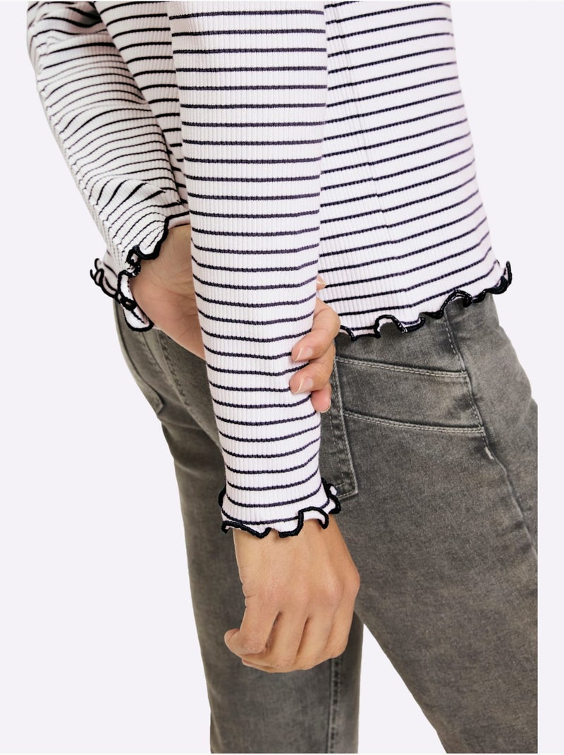 T-shirt côtelé motif à rayures tendance - taille standard - helline Bleu Ecru - Kiabi