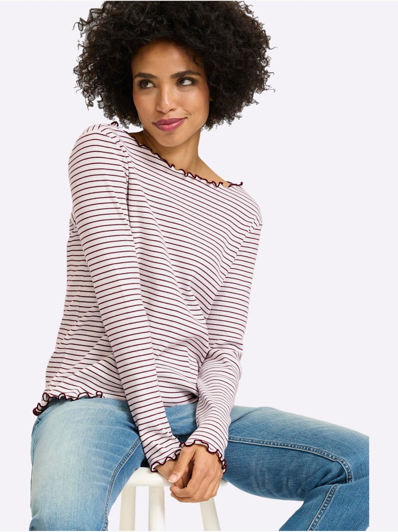 T-shirt côtelé motif à rayures tendance - taille standard - helline Écru/Violet - Kiabi