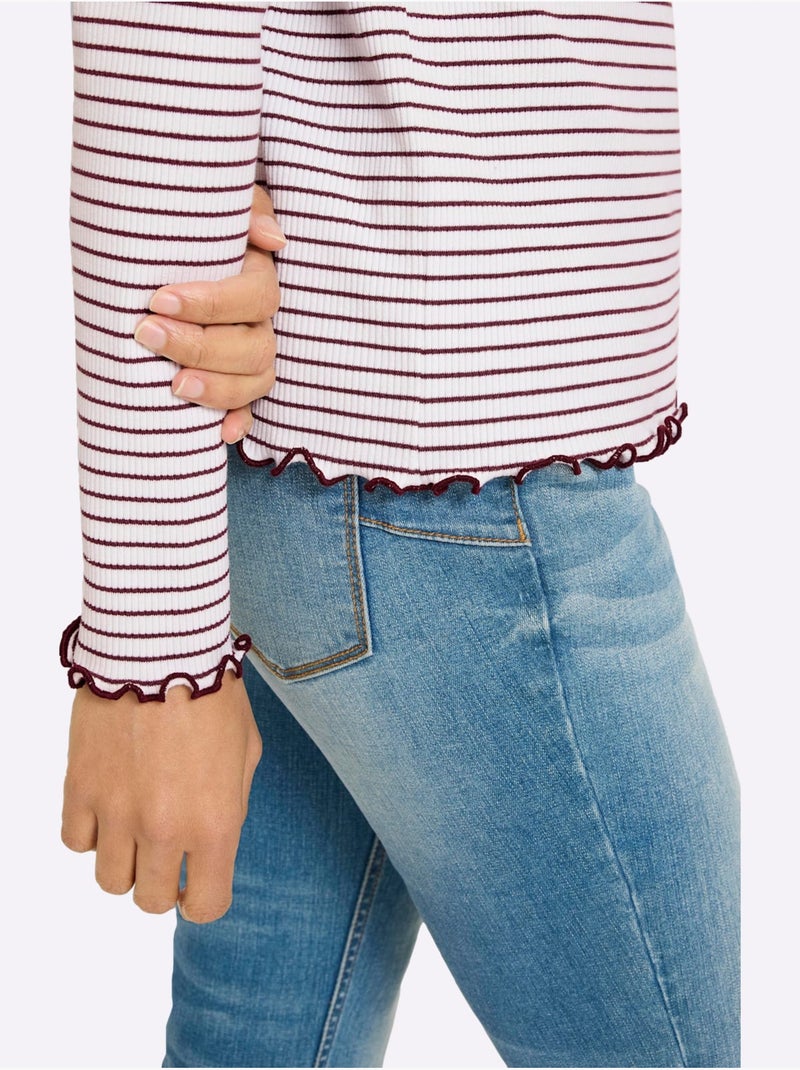 T-shirt côtelé motif à rayures tendance - taille standard - helline Écru/Violet - Kiabi