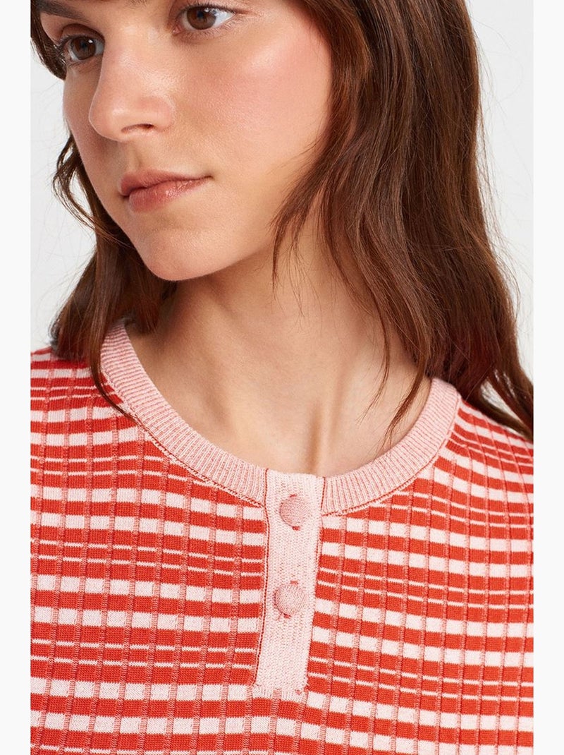 T-shirt côtelé rayé à boutons dilvin Rouge/Rose - Kiabi
