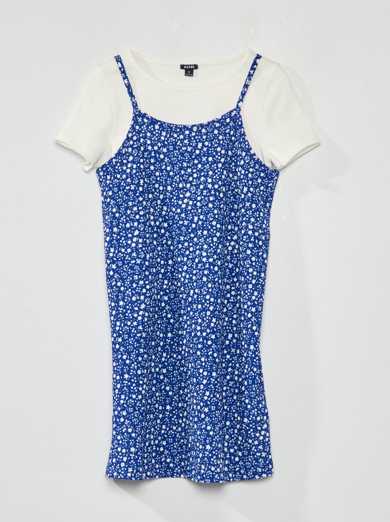 T-shirt côtelé + Robe fleuri - 2 pièces Bleu - Kiabi