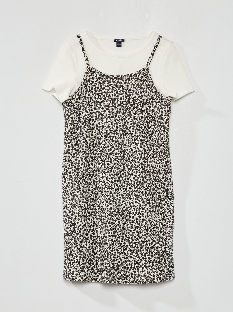 T-shirt côtelé + Robe fleuri - 2 pièces Noir/blanc - Kiabi