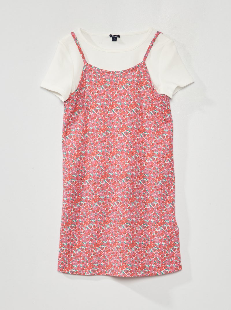 T-shirt côtelé + Robe fleuri - 2 pièces Rose - Kiabi