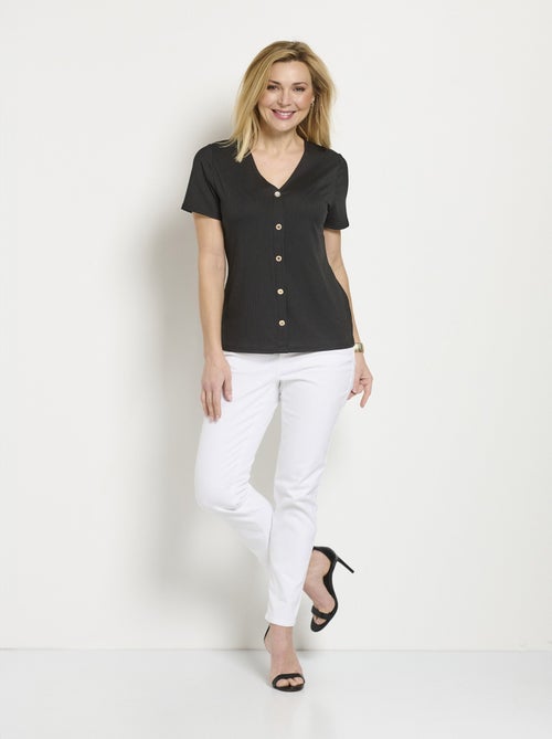 T-shirt côtelé uni droit court col V - Kiabi