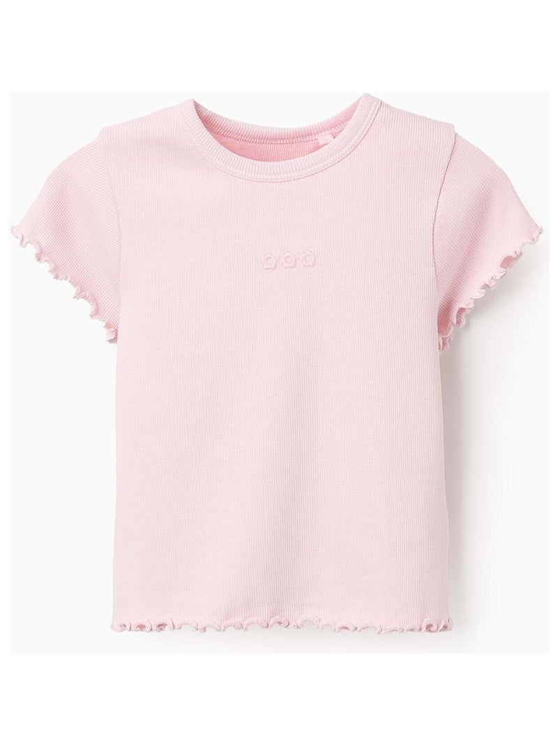 T-shirt Côtelée avec Broderies de Fleurs Rose clair - Kiabi