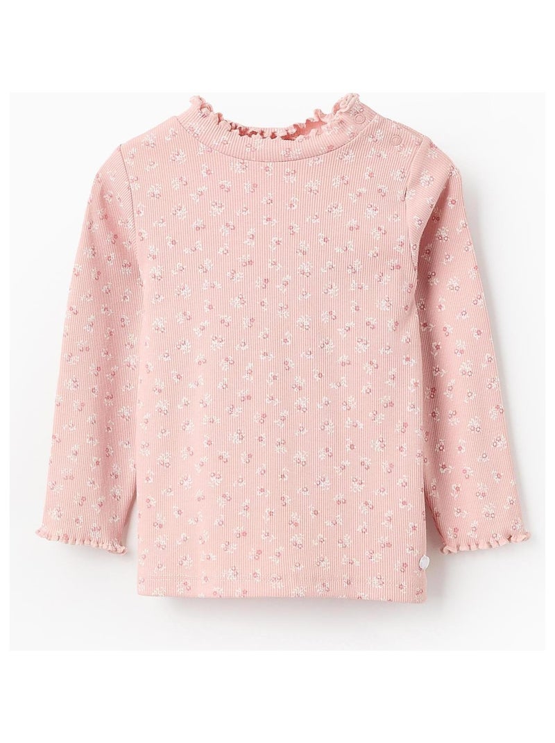 T-shirt Côtelée, florale, à volants NOVEAUX NATURE Rose clair - Kiabi