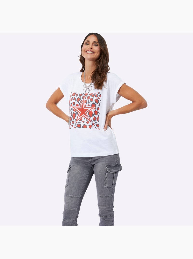 T shirt coton à col rond motif étoile imprimé animal - Taille standard - Witt Blanc Rose - Kiabi