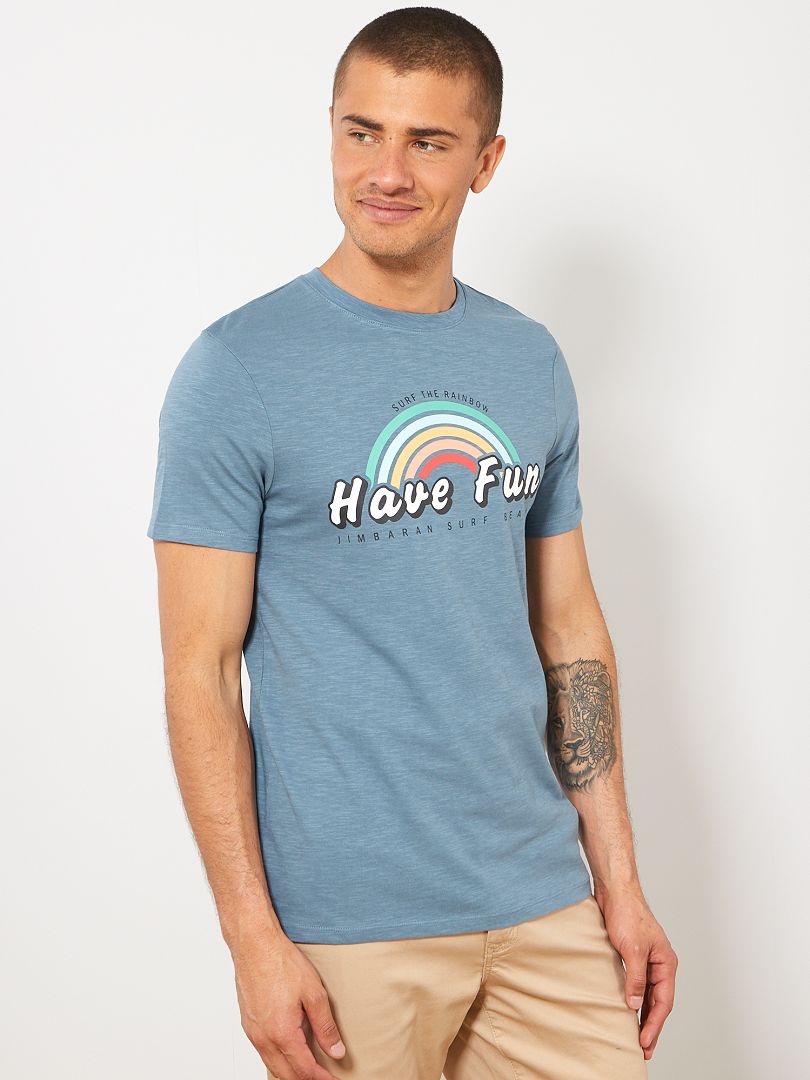 T-shirt coton bio bleu gris rainbow - Kiabi