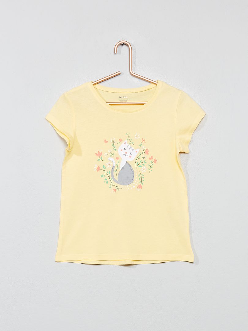 T-shirt coton bio jaune chat - Kiabi