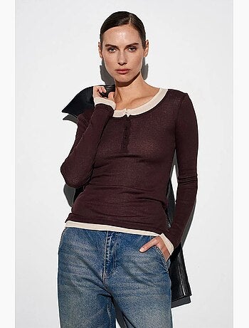 T-shirt coton boutonné devant manches longues ajusté dilvin
