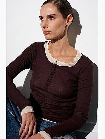 T-shirt coton boutonné devant manches longues ajusté dilvin