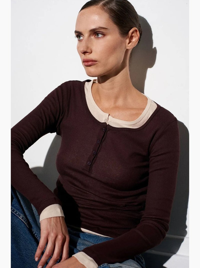 T-shirt coton boutonné devant manches longues ajusté dilvin Marron chocolat - Kiabi