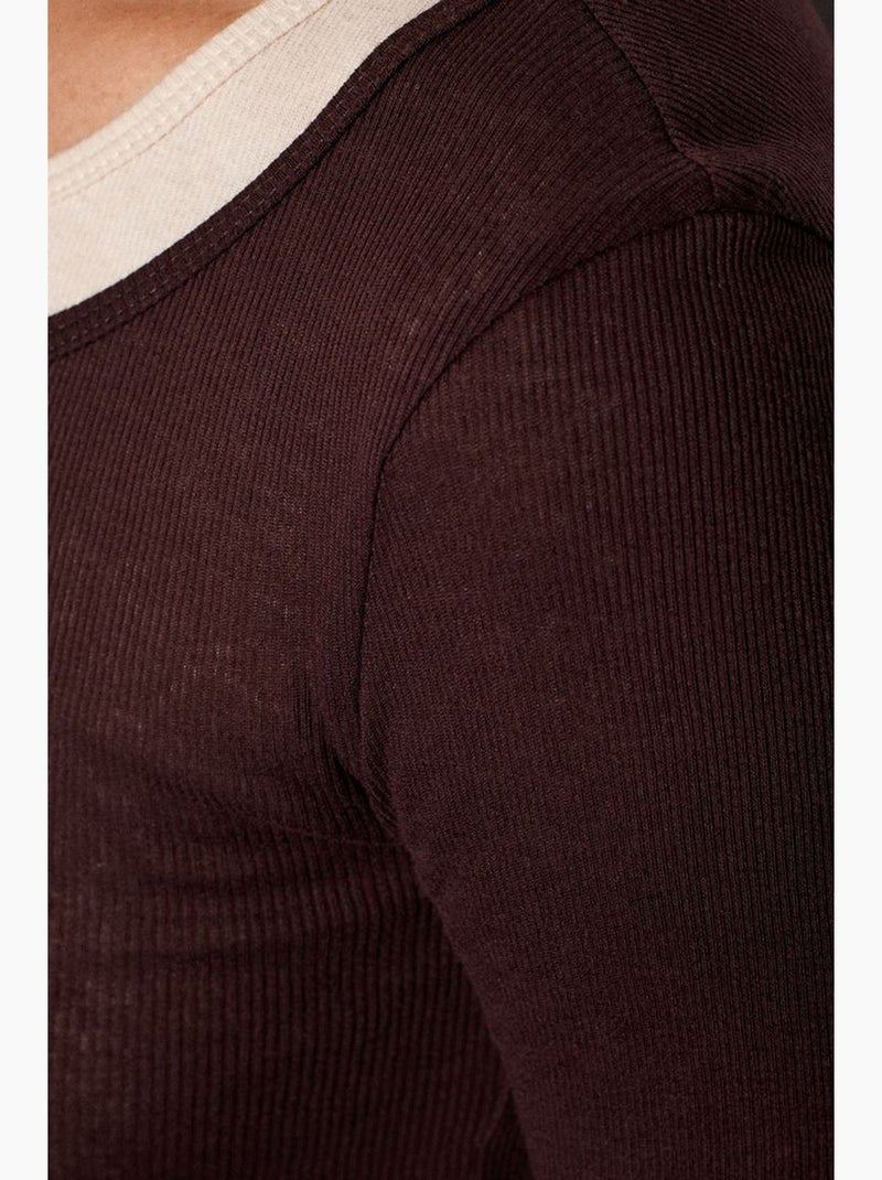 T-shirt coton boutonné devant manches longues ajusté dilvin Marron chocolat - Kiabi